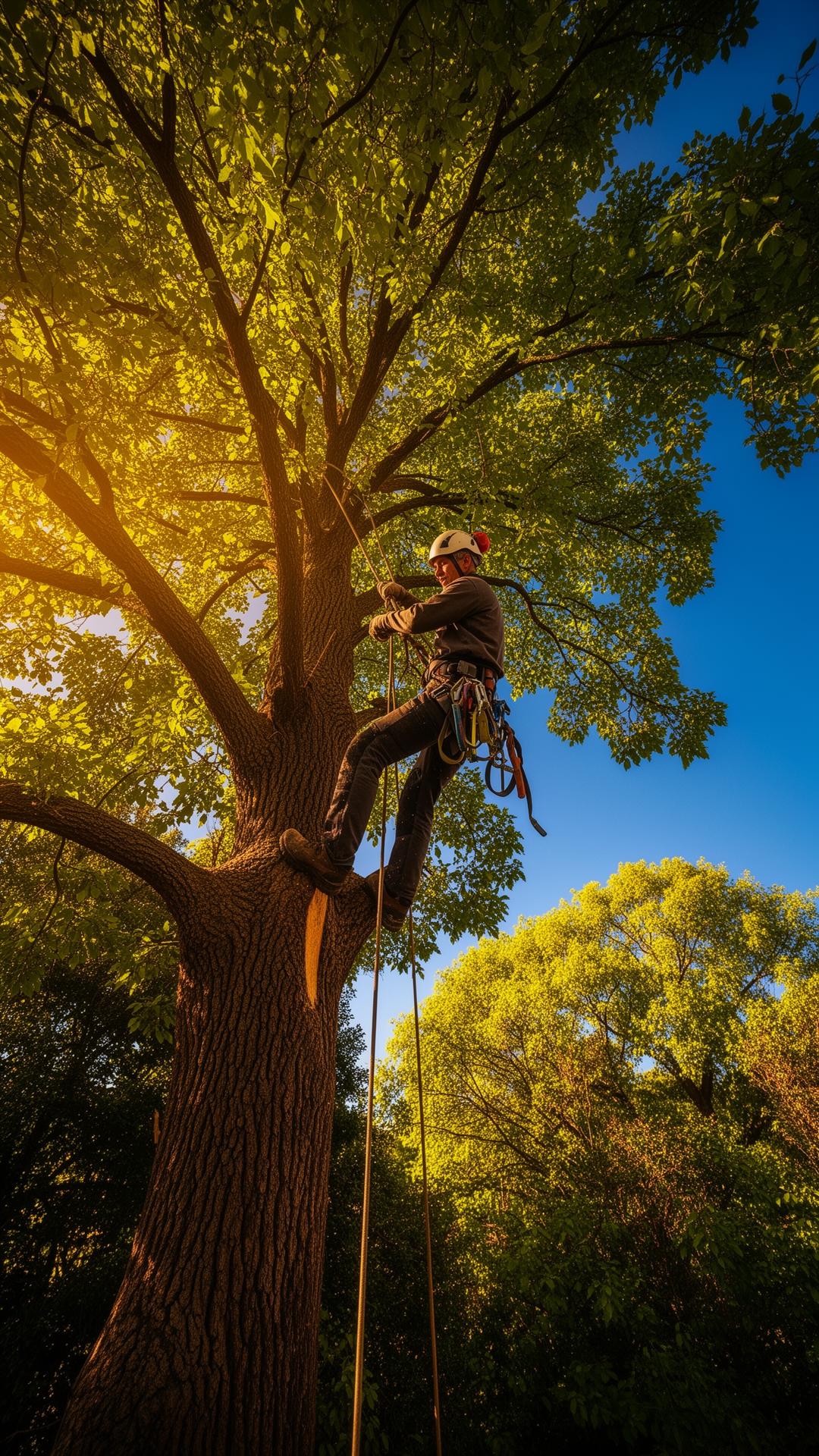 Professional South African arborist climbing high in a leafy tree